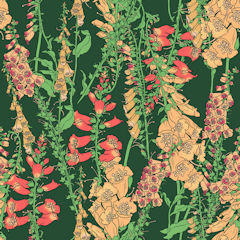 Seamless floral pattern with wild foxgloves on dark green background