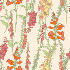 Seamless floral pattern with colorful foxgloves on light beige background